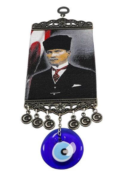 Lacivert El Yapımı Cam Nazar Boncuklu M. K Atatürk Duvar Süsü, Hediyelik Duvar Süsü