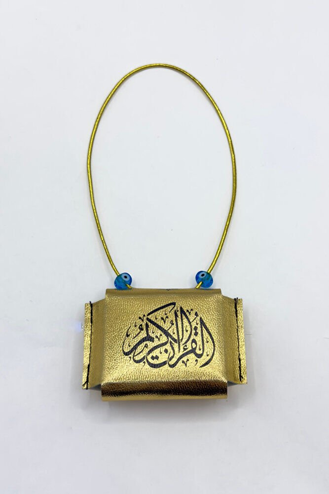Altın Renkli Kare Nazarlı Deri Çantalı Mini Kur'an-ı Kerim Lastikli Araba Dikiz Ayna Süsü