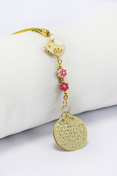 Metal Kuş Pembe Çiçekler Gold Renkli Metal Ayet'el Kürsi Araba Dikiz Ayna Süsü