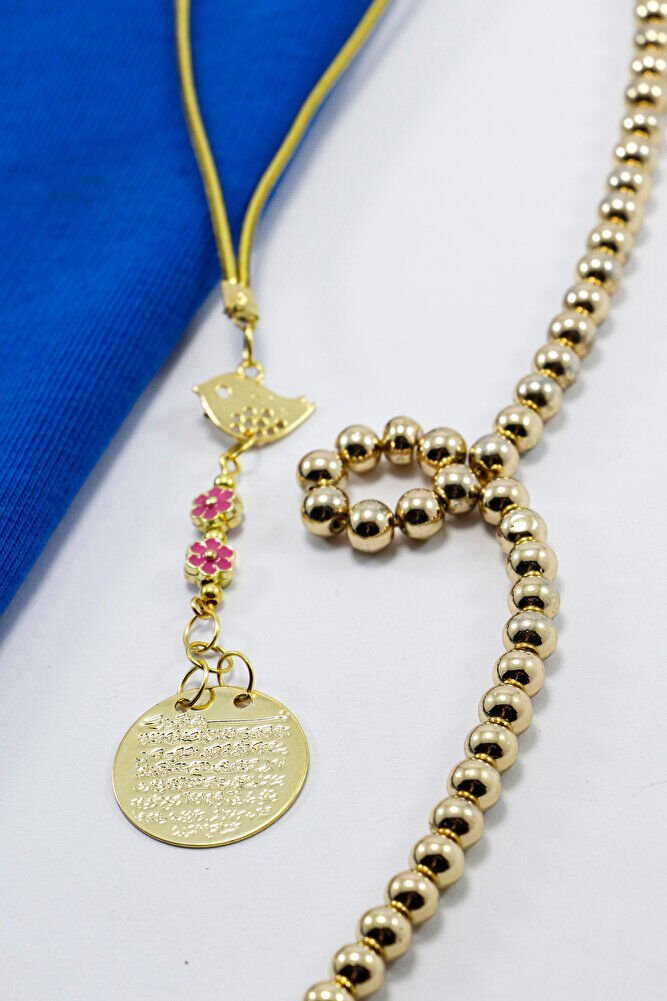 Metal Kuş Pembe Çiçekler Gold Renkli Metal Ayet'el Kürsi Araba Dikiz Ayna Süsü