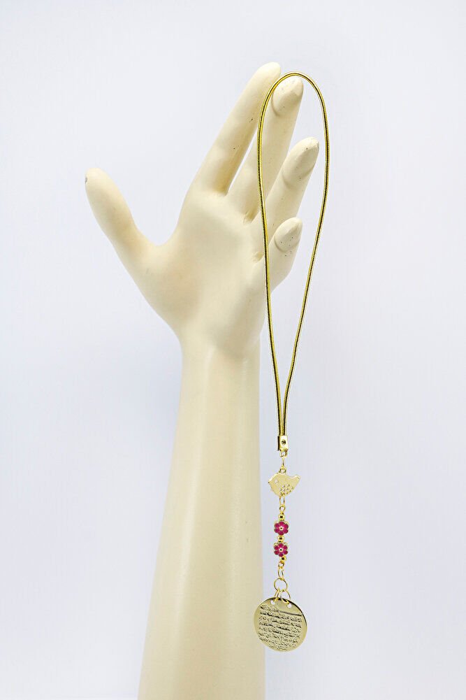 Metal Kuş Pembe Çiçekler Gold Renkli Metal Ayet'el Kürsi Araba Dikiz Ayna Süsü