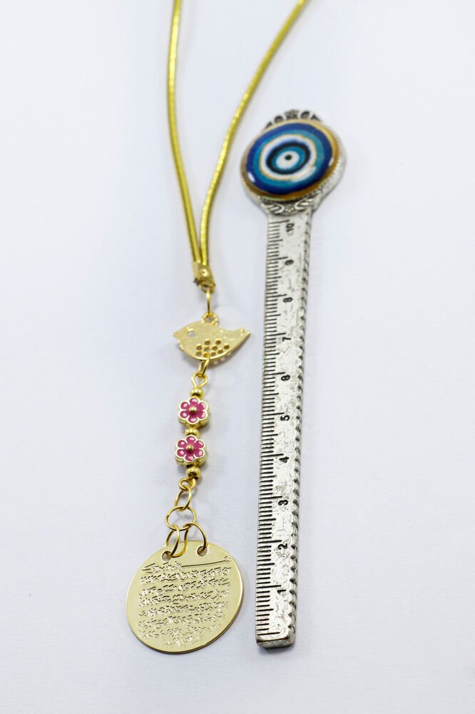 Metal Kuş Pembe Çiçekler Gold Renkli Metal Ayet'el Kürsi Araba Dikiz Ayna Süsü