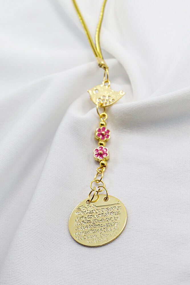 Metal Kuş Pembe Çiçekler Gold Renkli Metal Ayet'el Kürsi Araba Dikiz Ayna Süsü