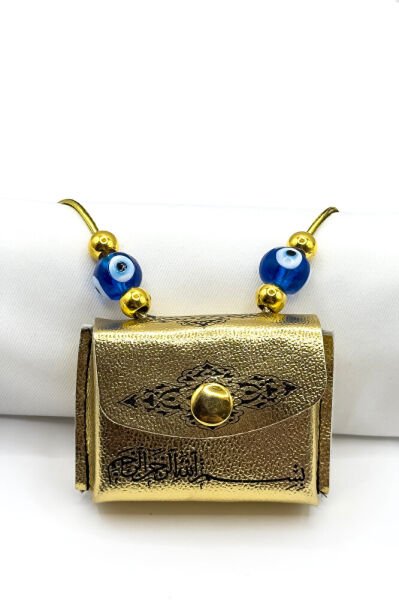 El Yapımı Cam Nazar Boncuklu Deri Çantalı Mini Kur'an-ı Kerim Lastikli Araba Dikiz Ayna Süsü