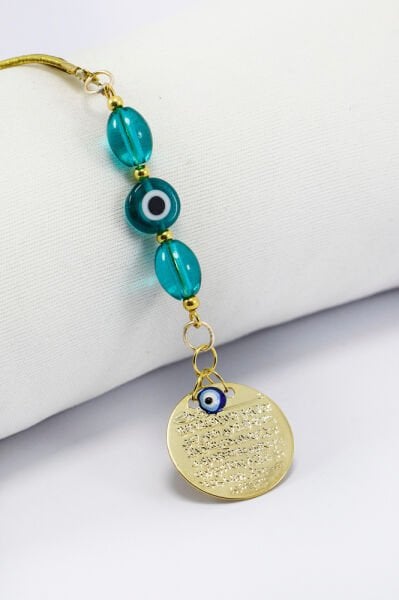 Zümrüt Yeşili Cam ve Minik Nazar Boncuklu Metal Ayet'el Kürsi Araba Dikiz Ayna Süsü