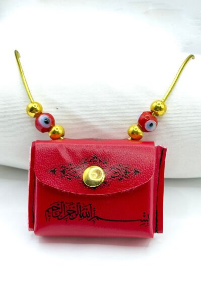 Kırmızı Nazar Boncuklu Deri Çantalı Mini Kur'an-ı Kerim Lastikli Araba Dikiz Ayna Süsü