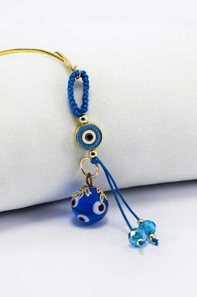 Turkuaz Çok Gözlü Nazar Boncuklu Özel Tasarım Elastik İpli Dikiz Ayna Süsü, Yeni Araba Hediyesi