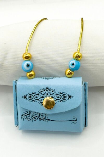 Mavi Nazar Boncuklu Deri Çantalı Mini Kur'an-ı Kerim Lastikli Araba Dikiz Ayna Süsü, Araba Hediyesi