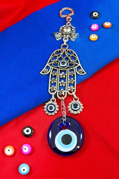 Metal Nikel Kaplama El Yapımı Cam Nazar Boncuklu Hamse Eli Boncuklu Duvar Süsü