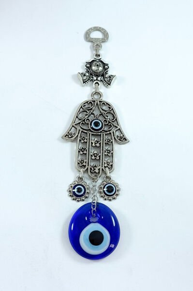 Metal Nikel Kaplama El Yapımı Cam Nazar Boncuklu Hamse Eli Boncuklu Duvar Süsü