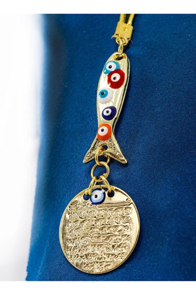 Uzun Balık Nazar Boncuklu Metal Ayetel Kürsi Altın Renkli Araba Dikiz Ayna Süsü, Yeni Araba Hediyesi