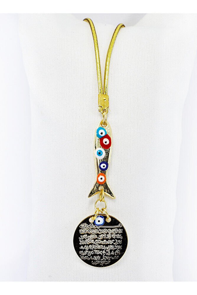 Uzun Balık Nazar Boncuklu Metal Ayetel Kürsi Altın Renkli Araba Dikiz Ayna Süsü, Yeni Araba Hediyesi