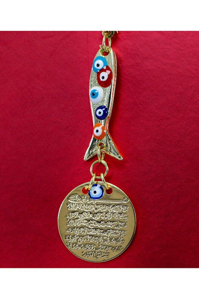 Uzun Balık Nazar Boncuklu Metal Ayetel Kürsi Altın Renkli Araba Dikiz Ayna Süsü, Yeni Araba Hediyesi