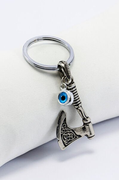 Erkek Anahtarlığı Çİft Taraflı Cam Nazar Boncuğu Metal Balta Anahtarlık, Erkek Hediyesi