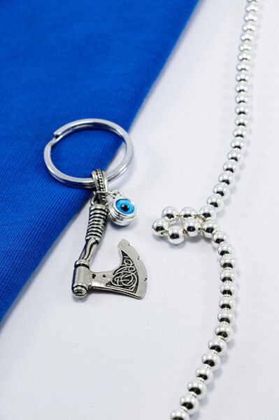 Erkek Anahtarlığı Çİft Taraflı Cam Nazar Boncuğu Metal Balta Anahtarlık, Erkek Hediyesi