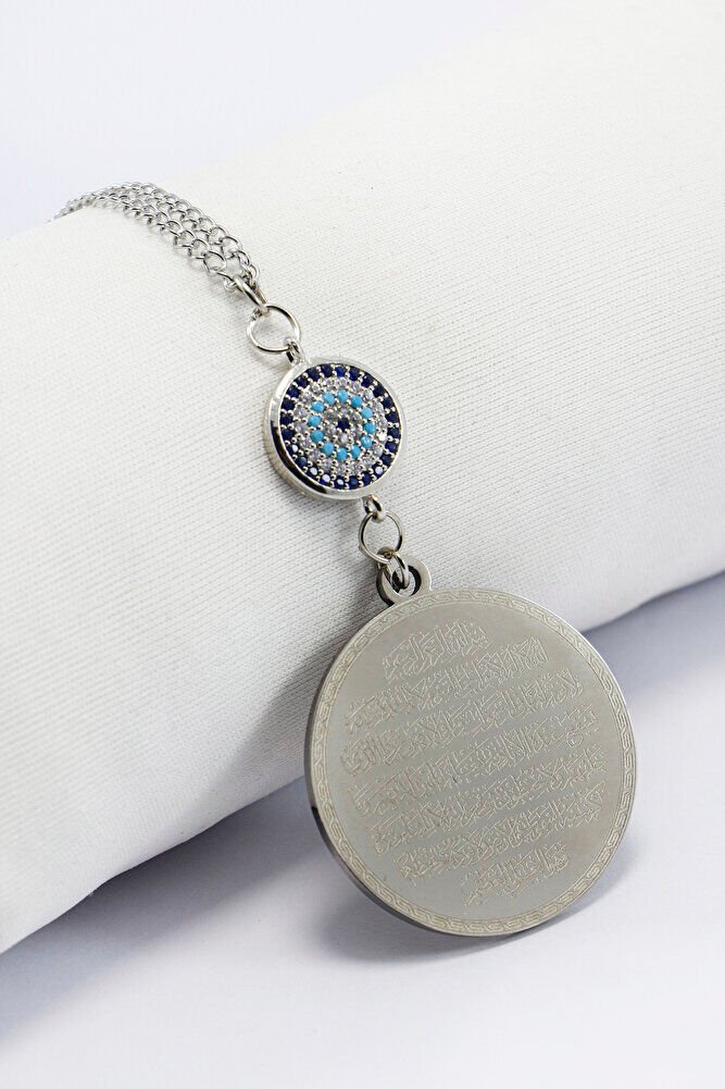 Zirkon Nazar Boncuğu Gümüş Renk Çelik Ayetel Kürsi/ Felak Nas İhlas Zincirli Araba Dikiz Ayna Süsü