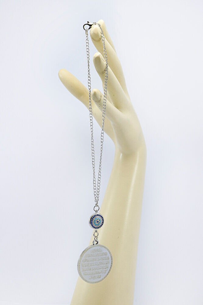 Zirkon Nazar Boncuğu Gümüş Renk Çelik Ayetel Kürsi/ Felak Nas İhlas Zincirli Araba Dikiz Ayna Süsü