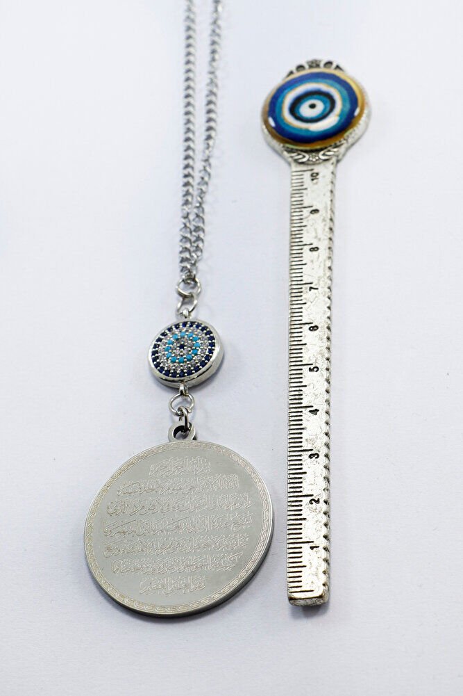 Zirkon Nazar Boncuğu Gümüş Renk Çelik Ayetel Kürsi/ Felak Nas İhlas Zincirli Araba Dikiz Ayna Süsü