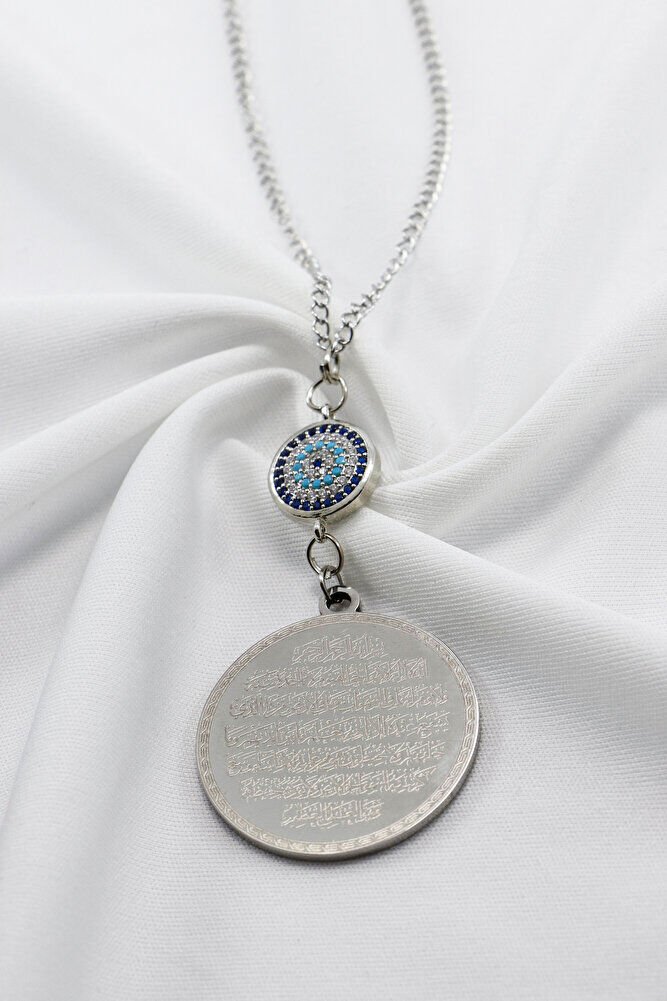 Zirkon Nazar Boncuğu Gümüş Renk Çelik Ayetel Kürsi/ Felak Nas İhlas Zincirli Araba Dikiz Ayna Süsü