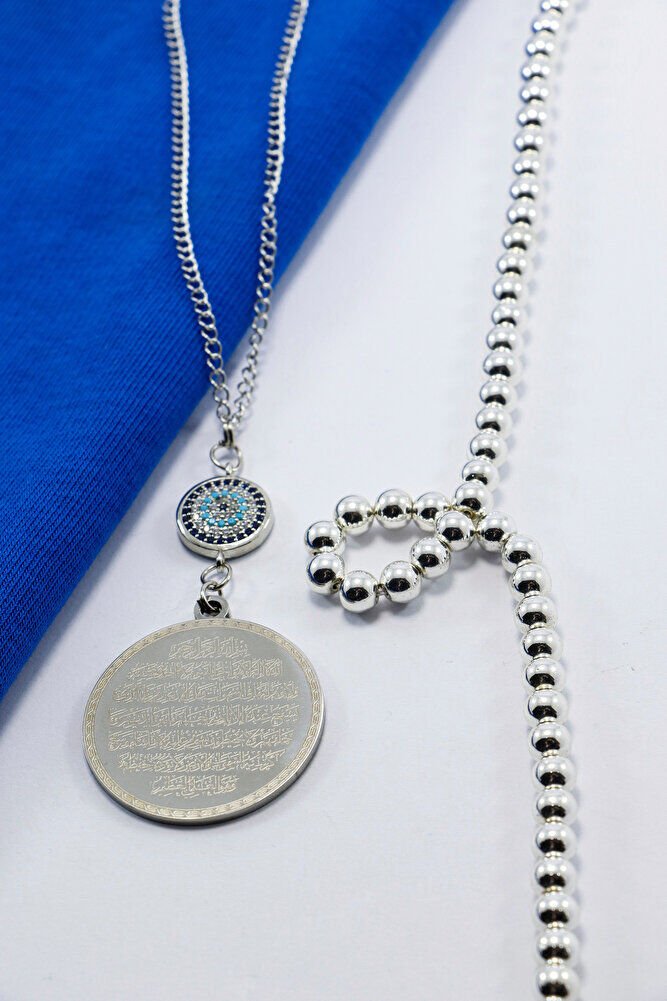 Zirkon Nazar Boncuğu Gümüş Renk Çelik Ayetel Kürsi/ Felak Nas İhlas Zincirli Araba Dikiz Ayna Süsü