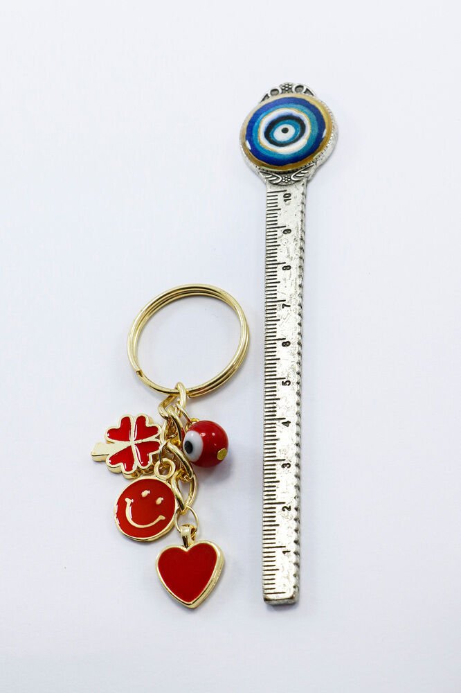 Kırmızı Cam Nazar Boncuğu Yonca Gülen Yüz Gold Renkli Küçük Metal Anahtarlık