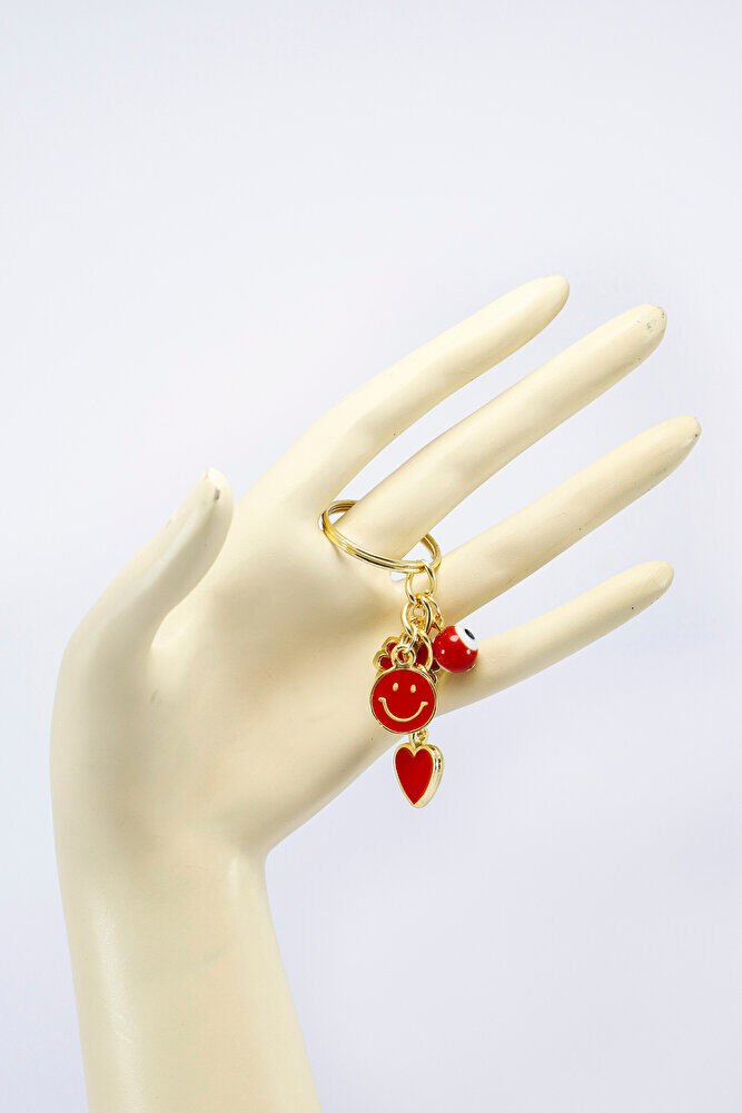 Kırmızı Cam Nazar Boncuğu Yonca Gülen Yüz Gold Renkli Küçük Metal Anahtarlık