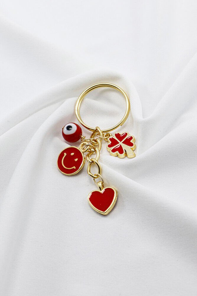 Kırmızı Cam Nazar Boncuğu Yonca Gülen Yüz Gold Renkli Küçük Metal Anahtarlık