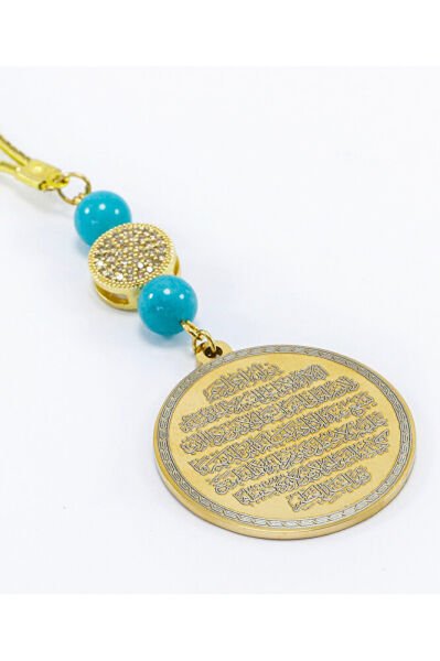Zirkon Taşlı Turkuaz Doğal Taşlı Çelik Çift Taraflı Ayetel Kürsi, Felak Nas İhlas Dikiz Ayna Süsü