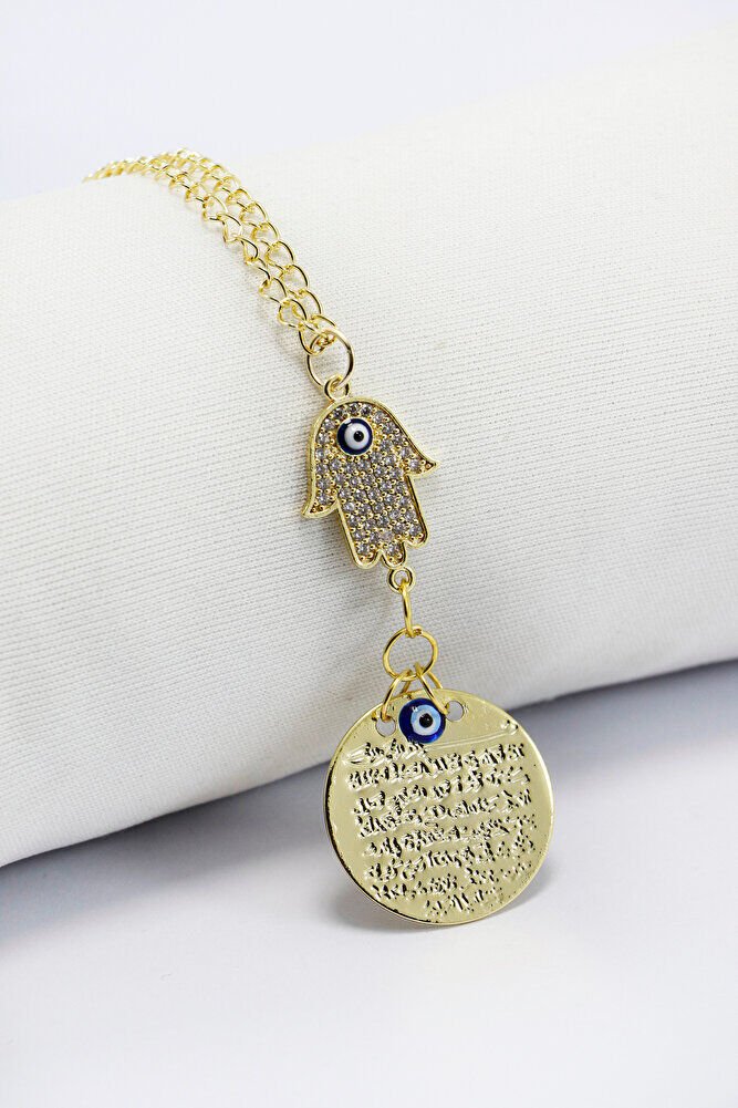 Hamse Eli Zirkon Nazar Boncuğu Araba Dikiz Ayna Süsü Küçük Metal Gold Renkli Ayetel Kürsi