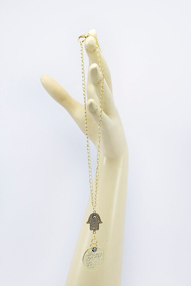 Hamse Eli Zirkon Nazar Boncuğu Araba Dikiz Ayna Süsü Küçük Metal Gold Renkli Ayetel Kürsi