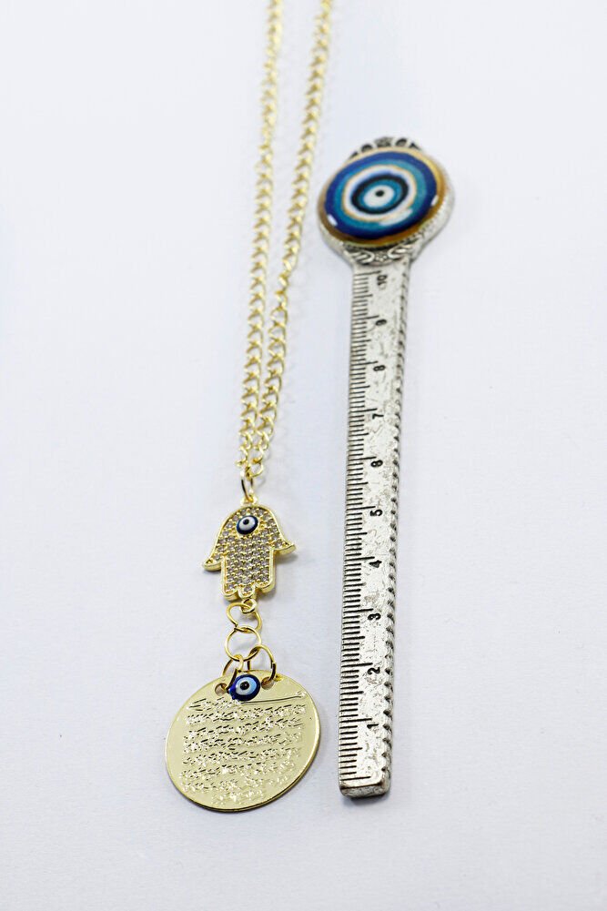 Hamse Eli Zirkon Nazar Boncuğu Araba Dikiz Ayna Süsü Küçük Metal Gold Renkli Ayetel Kürsi