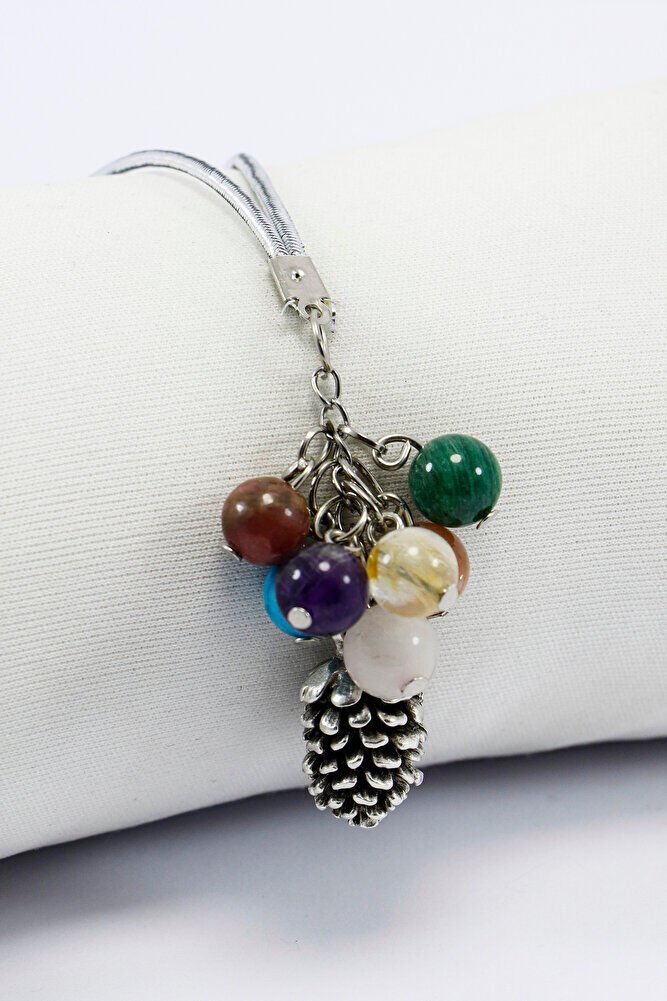 Yedi Çakra Doğaltaş Salkımlı Metal Kozalak Araba Dikiz Ayna Süsü, Gümüş Renkli Araba Hediyesi