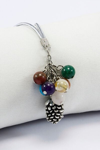 Yedi Çakra Doğaltaş Salkımlı Metal Kozalak Araba Dikiz Ayna Süsü, Gümüş Renkli Araba Hediyesi