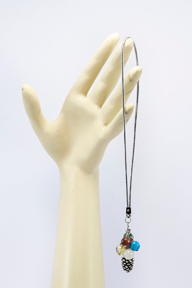 Yedi Çakra Doğaltaş Salkımlı Metal Kozalak Araba Dikiz Ayna Süsü, Gümüş Renkli Araba Hediyesi