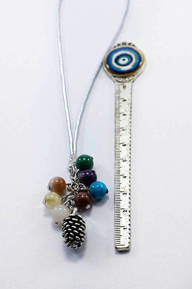 Yedi Çakra Doğaltaş Salkımlı Metal Kozalak Araba Dikiz Ayna Süsü, Gümüş Renkli Araba Hediyesi