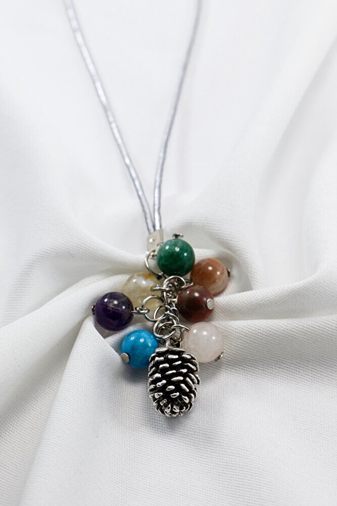 Yedi Çakra Doğaltaş Salkımlı Metal Kozalak Araba Dikiz Ayna Süsü, Gümüş Renkli Araba Hediyesi