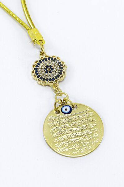 Zirkon Çiçek Nazar Boncuklu Metal Ayetel Kürsi Araba Dikiz Ayna Süsü, Gold Renkli