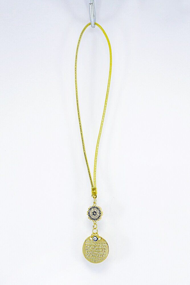 Zirkon Çiçek Nazar Boncuklu Metal Ayetel Kürsi Araba Dikiz Ayna Süsü, Gold Renkli