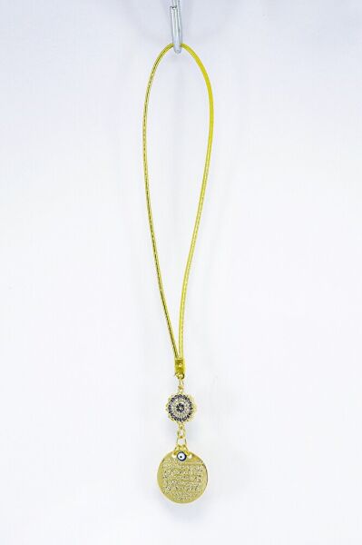 Zirkon Çiçek Nazar Boncuklu Metal Ayetel Kürsi Araba Dikiz Ayna Süsü, Gold Renkli