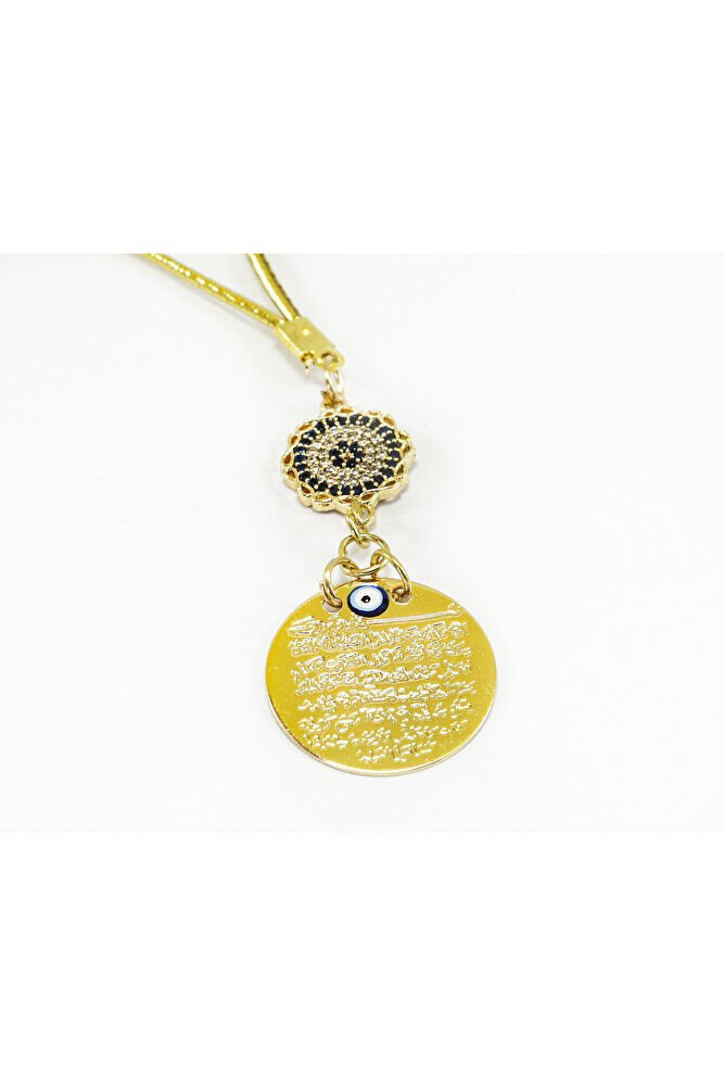 Zirkon Çiçek Nazar Boncuklu Metal Ayetel Kürsi Araba Dikiz Ayna Süsü, Gold Renkli