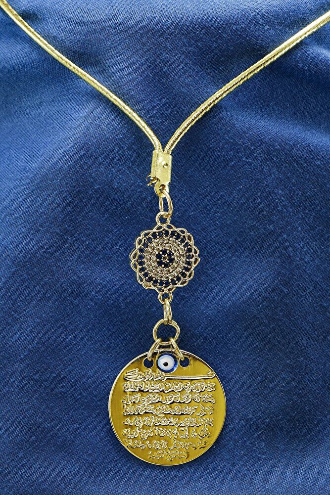 Zirkon Çiçek Nazar Boncuklu Metal Ayetel Kürsi Araba Dikiz Ayna Süsü, Gold Renkli