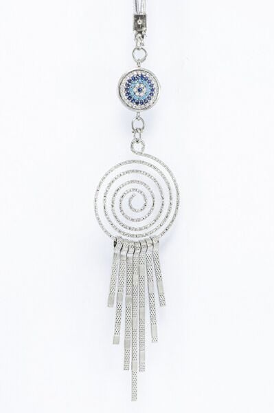 Zirkon Taşlı Nazar Metal Püsküllü Araba Dikiz Ayna Süsü, Gümüş Renkli Araba Hediyesi