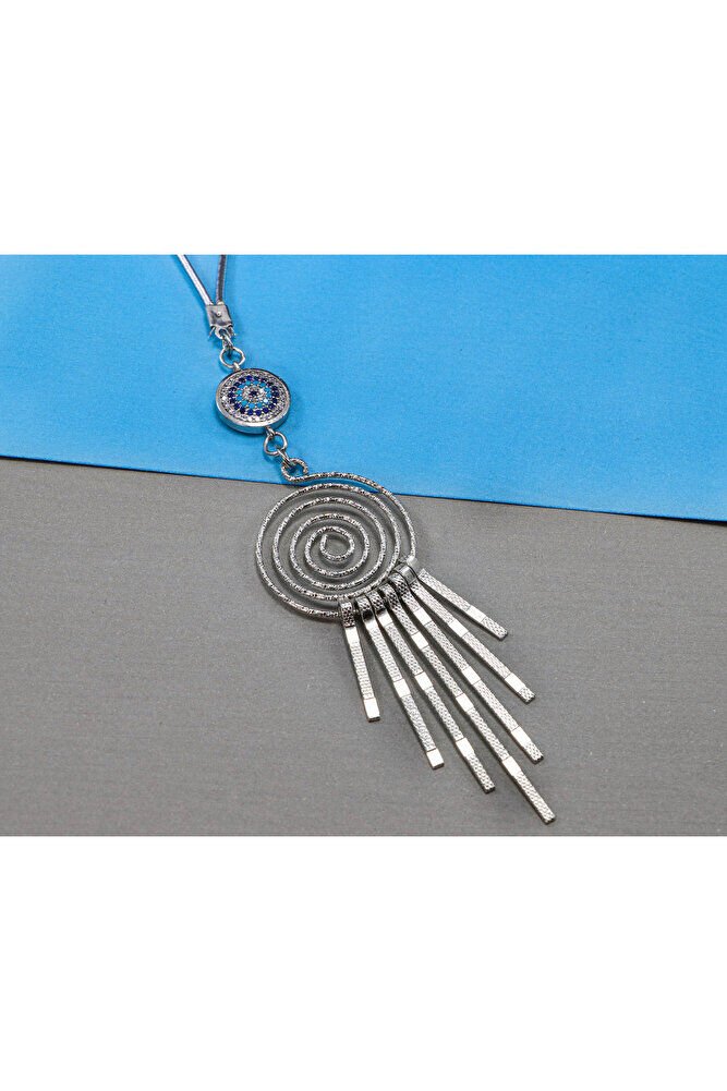 Zircon Stone Evil Eye Metal Tassel Car Rearview Mirror Ornament, Silver Color Car Gift