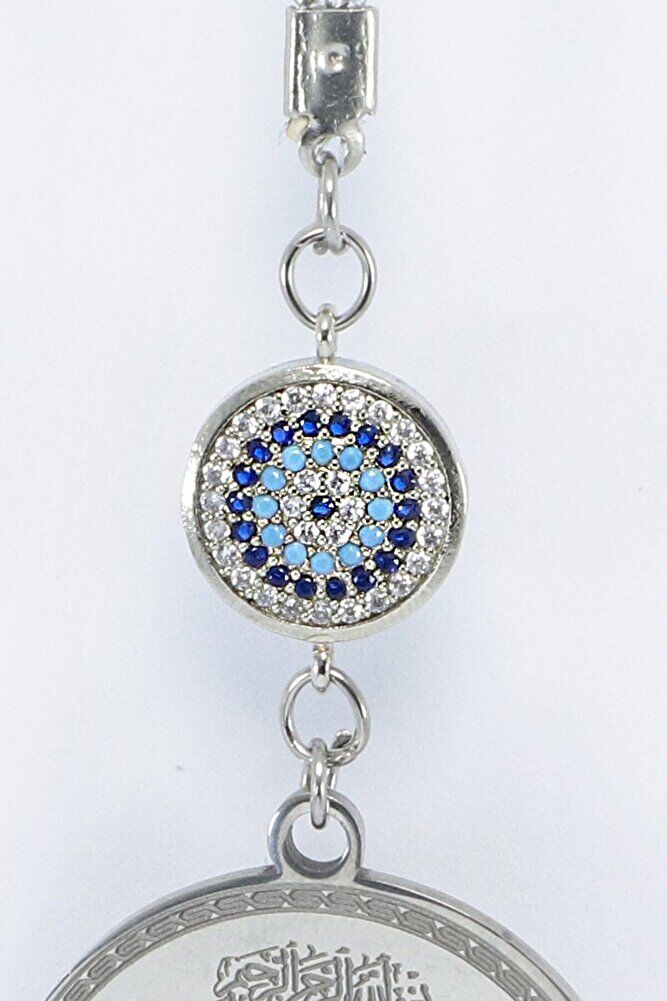 Zircon Stone Evil Eye Metal Tassel Car Rearview Mirror Ornament, Silver Color Car Gift