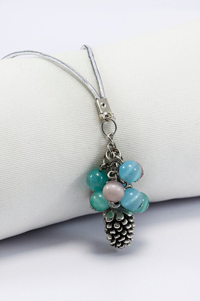 Pastel Cam Boncuklu Salkımlı Metal Kozalak Araba Dikiz Ayna Süsü, Gümüş Renkli Araba Hediyesi