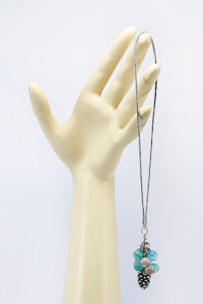 Pastel Cam Boncuklu Salkımlı Metal Kozalak Araba Dikiz Ayna Süsü, Gümüş Renkli Araba Hediyesi