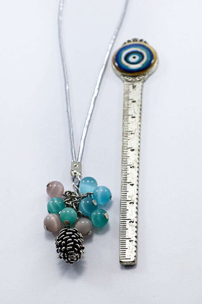 Pastel Cam Boncuklu Salkımlı Metal Kozalak Araba Dikiz Ayna Süsü, Gümüş Renkli Araba Hediyesi