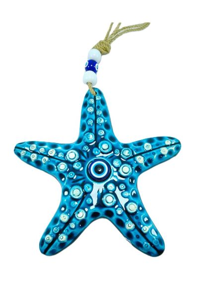 Deniz Yıldızı Mavi Nazar Boncuğu Seramik Duvar Dekoru El Yapımı Hediyelik Eşya