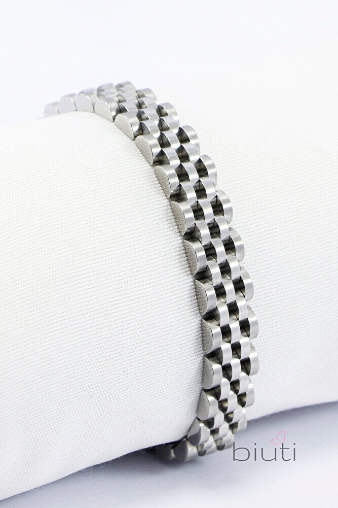 Gümüş Renkli Beş Sıra Örgü Paslanmaz Çelik Erkek Bileklik, Sevgililer Günü Hediyelik Erkek Aksesuar