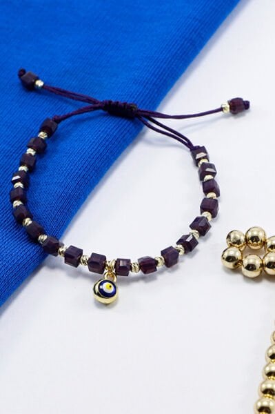 Asansörlü Mor Renkli Cam Nazar Boncuklu Bileklik, Hediyelik Bileklik